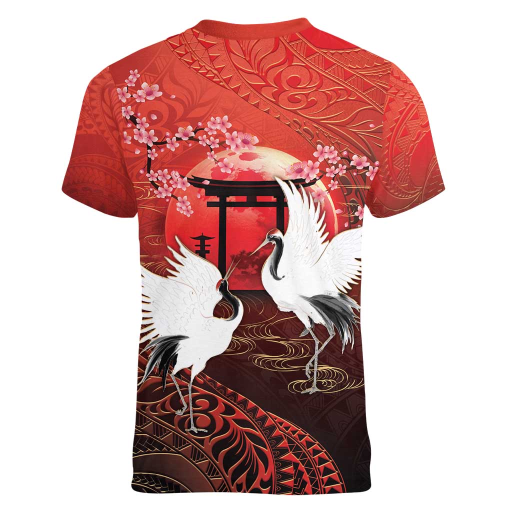 Hawaii and Japan Together Women V-Neck T-Shirt Polynesian Art Tattoo With Cranes And Sakura - Polynesian Pride