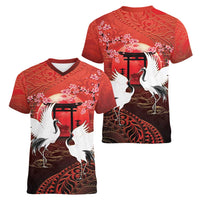 Hawaii and Japan Together Women V-Neck T-Shirt Polynesian Art Tattoo With Cranes And Sakura - Polynesian Pride