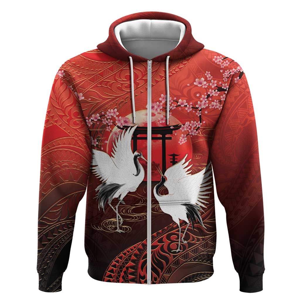 Hawaii and Japan Together Zip Hoodie Polynesian Art Tattoo With Cranes And Sakura - Polynesian Pride