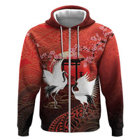 Hawaii and Japan Together Zip Hoodie Polynesian Art Tattoo With Cranes And Sakura - Polynesian Pride