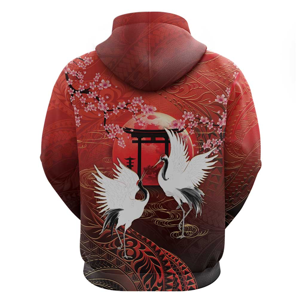 Hawaii and Japan Together Zip Hoodie Polynesian Art Tattoo With Cranes And Sakura - Polynesian Pride