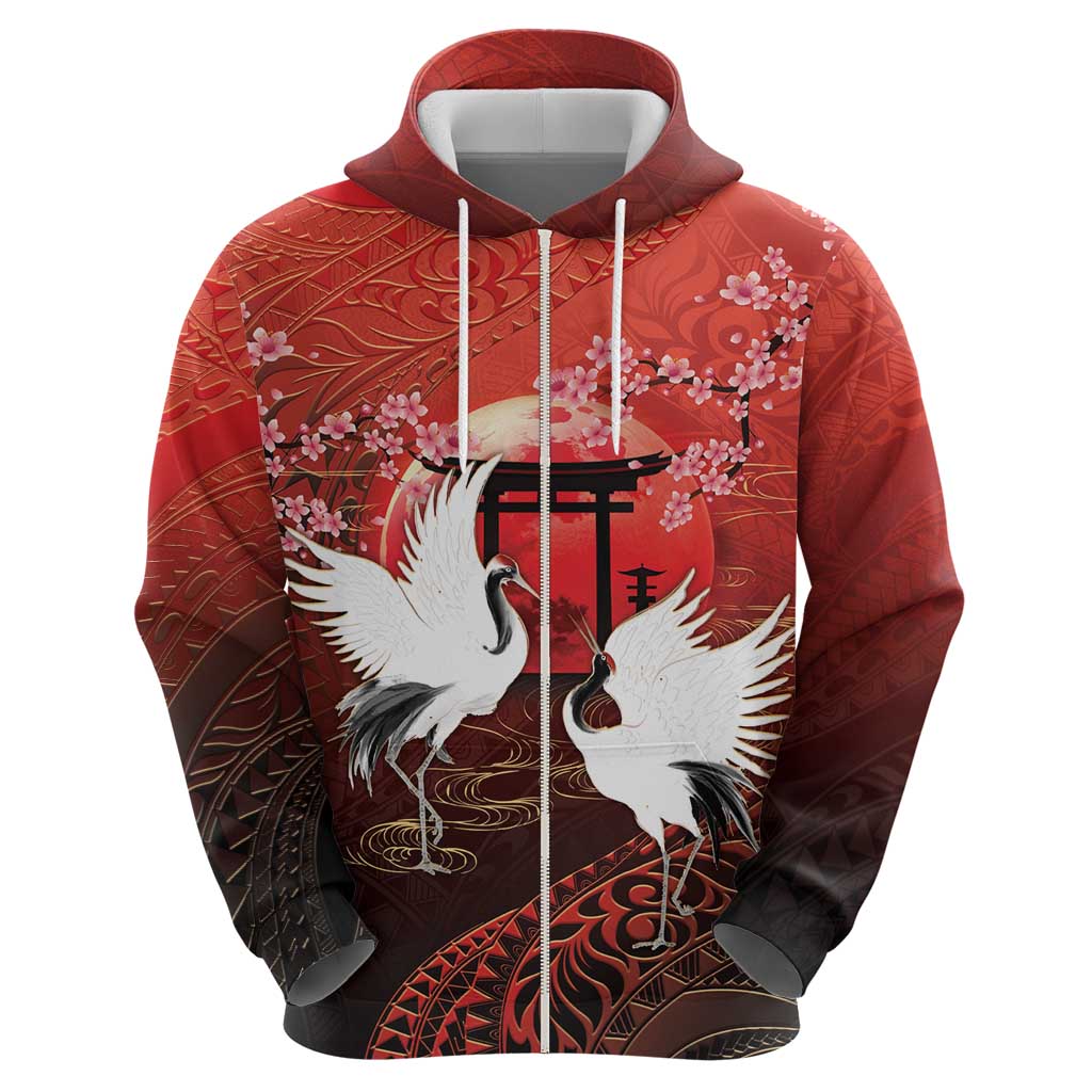 Hawaii and Japan Together Zip Hoodie Polynesian Art Tattoo With Cranes And Sakura - Polynesian Pride
