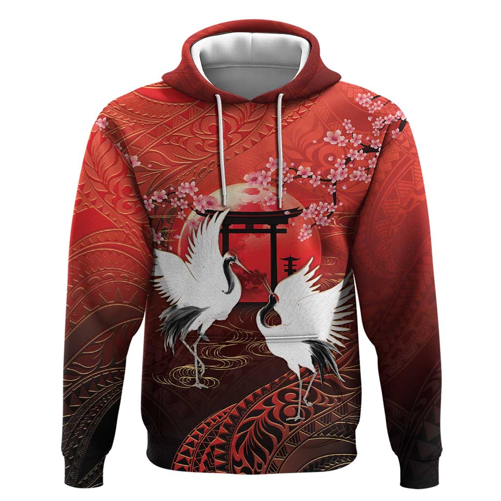 Hawaii and Japan Together Zip Hoodie Polynesian Art Tattoo With Cranes And Sakura - Polynesian Pride