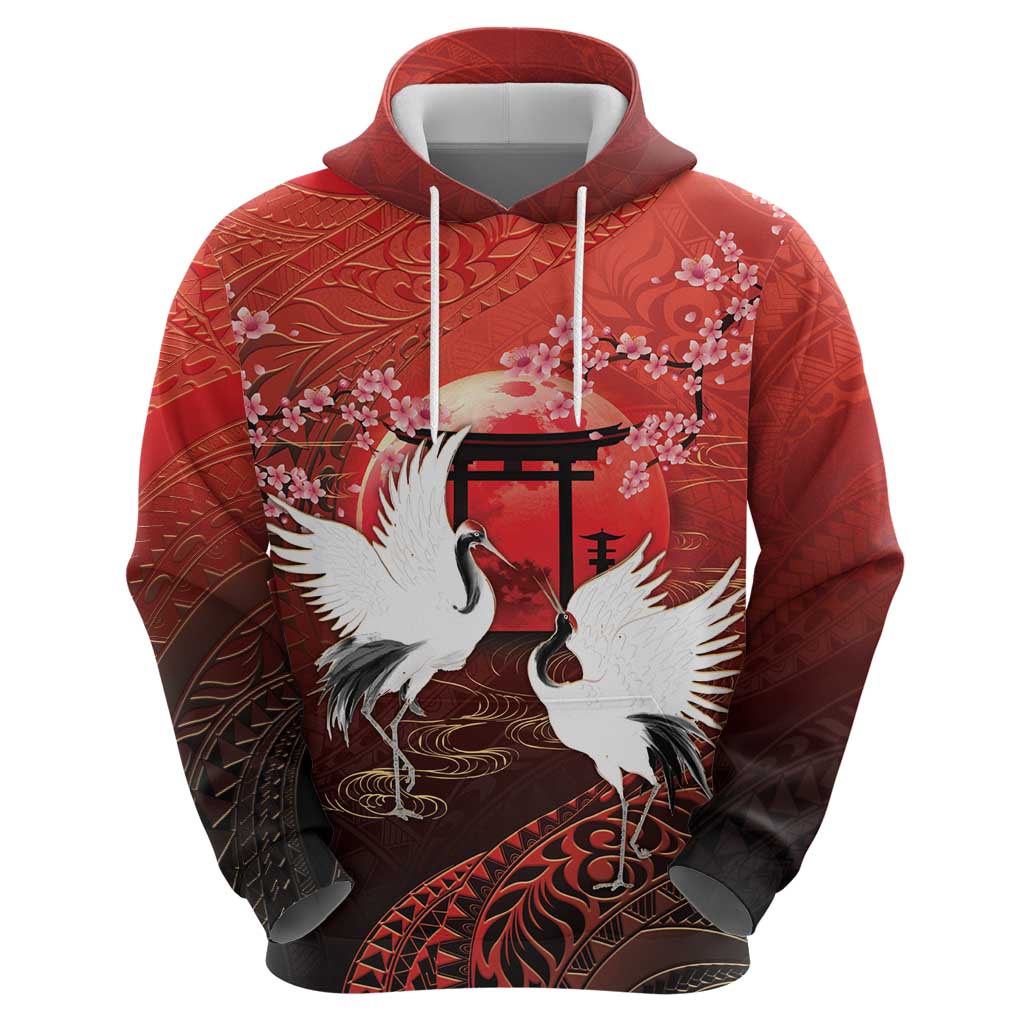 Hawaii and Japan Together Zip Hoodie Polynesian Art Tattoo With Cranes And Sakura - Polynesian Pride