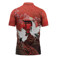 Hawaii and Japan Together Zipper Polo Shirt Polynesian Art Tattoo With Cranes And Sakura - Polynesian Pride