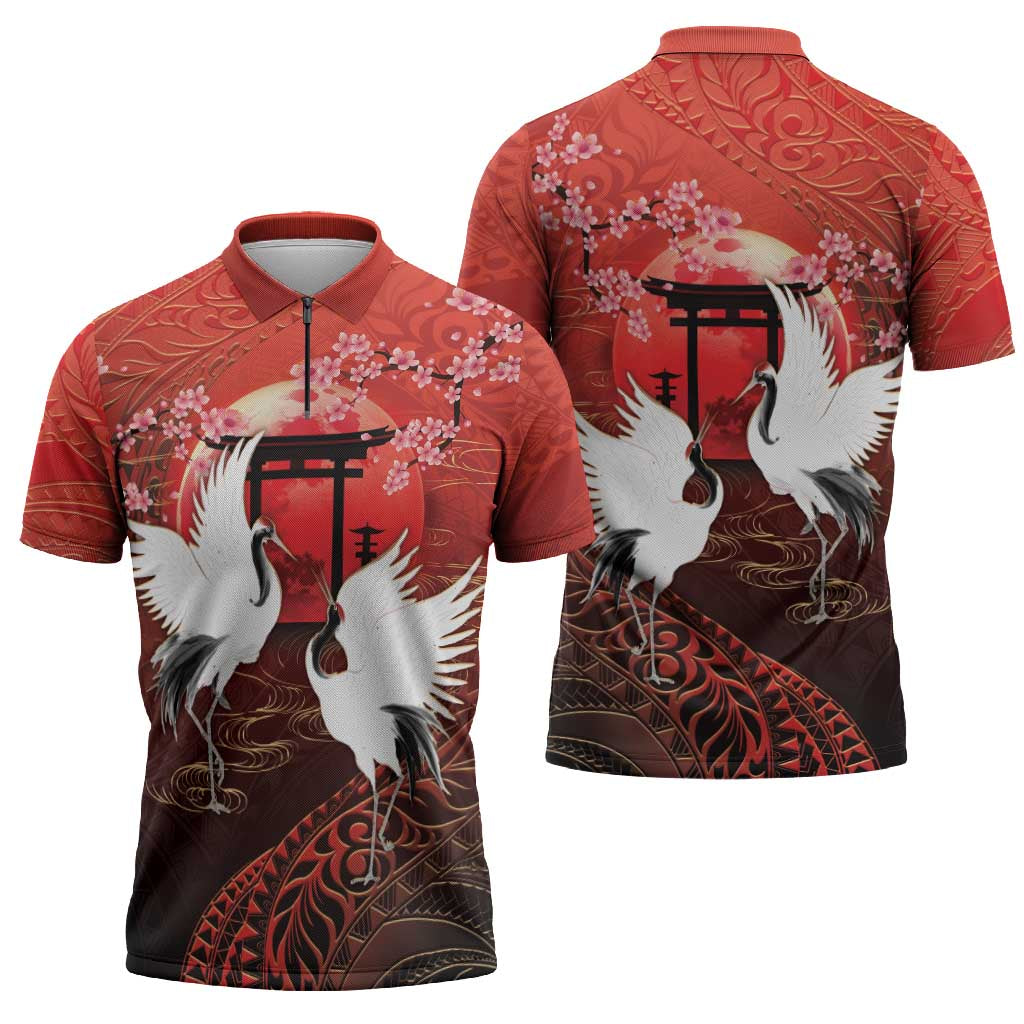 Hawaii and Japan Together Zipper Polo Shirt Polynesian Art Tattoo With Cranes And Sakura - Polynesian Pride