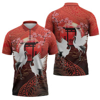 Hawaii and Japan Together Zipper Polo Shirt Polynesian Art Tattoo With Cranes And Sakura - Polynesian Pride