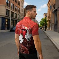 Hawaii and Japan Together Zipper Polo Shirt Polynesian Art Tattoo With Cranes And Sakura - Polynesian Pride