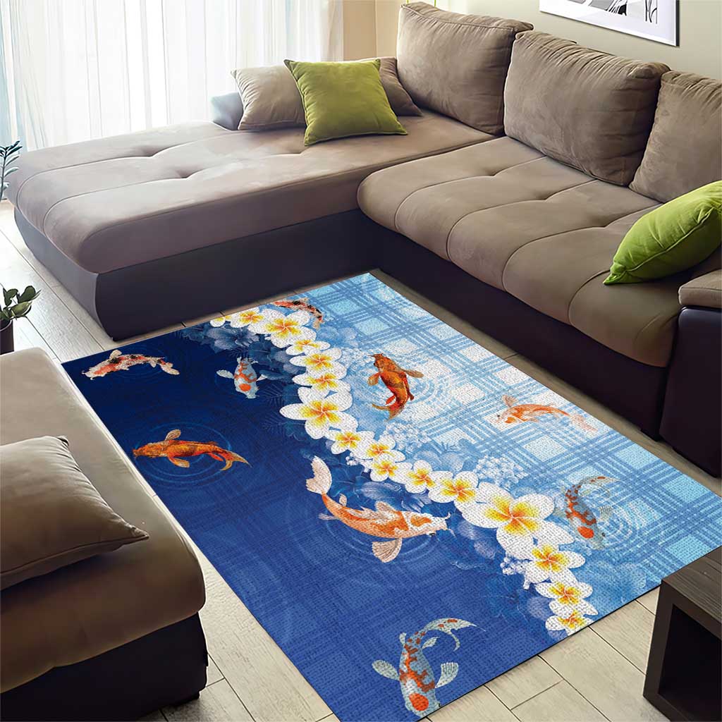 Hawaii And Japan Area Rug Plumeria Lei With Koi Fish Blue - Polynesian Pride
