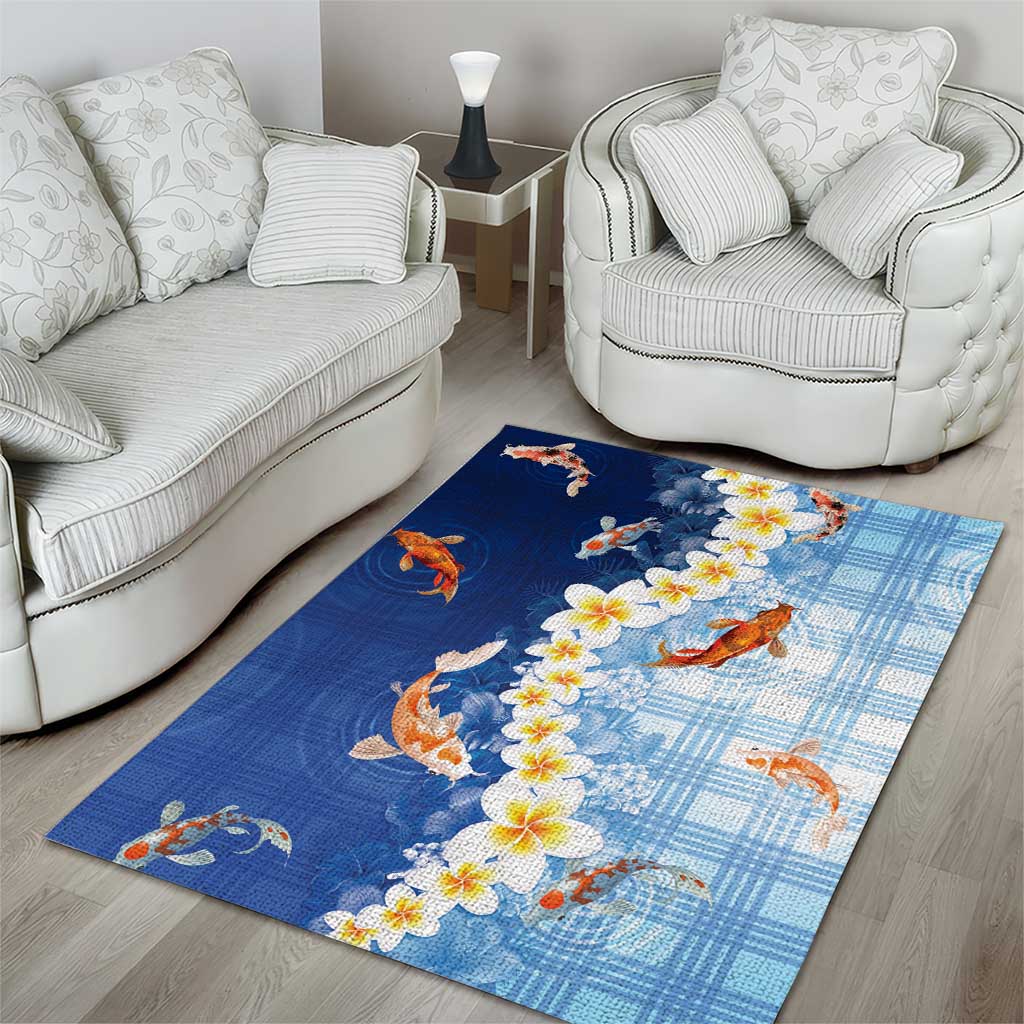 Hawaii And Japan Area Rug Plumeria Lei With Koi Fish Blue - Polynesian Pride