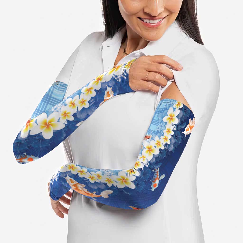 Hawaii And Japan Arm Sleeves Plumeria Lei With Koi Fish Blue - Polynesian Pride