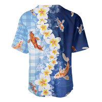 Hawaii And Japan Baseball Jersey Plumeria Lei With Koi Fish Blue - Polynesian Pride