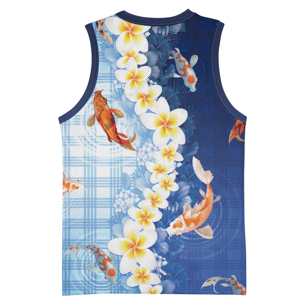 Hawaii And Japan Basketball Jersey Plumeria Lei With Koi Fish Blue - Polynesian Pride