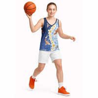 Hawaii And Japan Basketball Jersey Plumeria Lei With Koi Fish Blue - Polynesian Pride