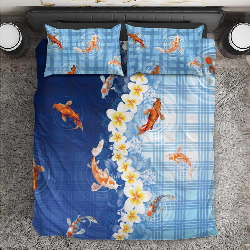 Hawaii And Japan Bedding Set Plumeria Lei With Koi Fish Blue - Polynesian Pride