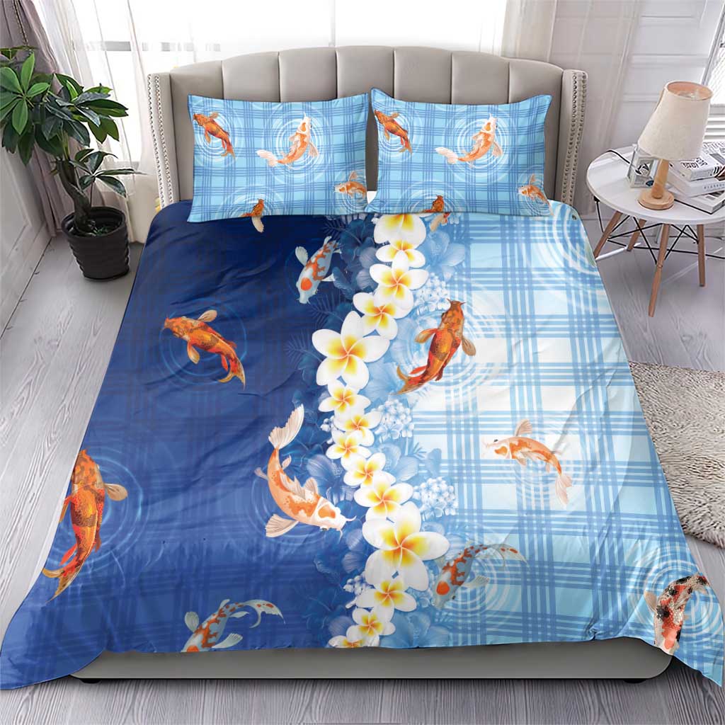 Hawaii And Japan Bedding Set Plumeria Lei With Koi Fish Blue - Polynesian Pride