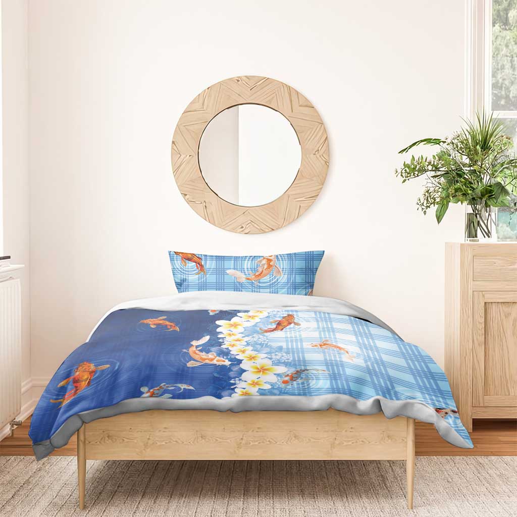 Hawaii And Japan Bedding Set Plumeria Lei With Koi Fish Blue - Polynesian Pride