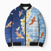 Hawaii And Japan Bomber Puffer Jacket Plumeria Lei With Koi Fish Blue - Polynesian Pride