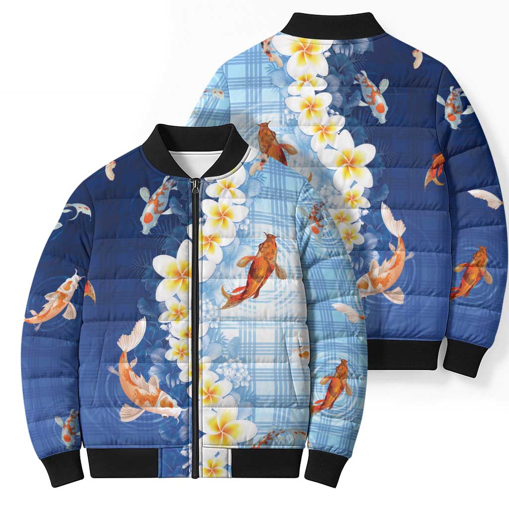 Hawaii And Japan Bomber Puffer Jacket Plumeria Lei With Koi Fish Blue - Polynesian Pride