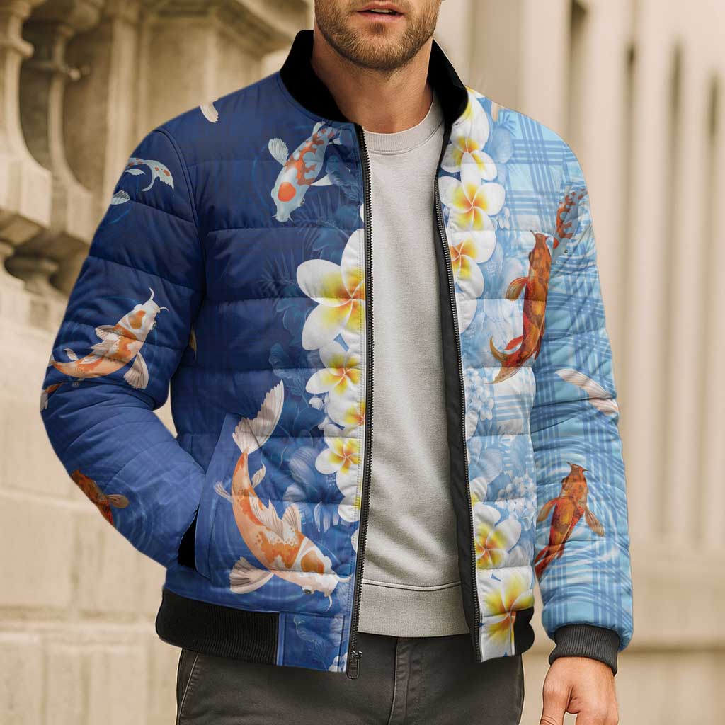 Hawaii And Japan Bomber Puffer Jacket Plumeria Lei With Koi Fish Blue - Polynesian Pride