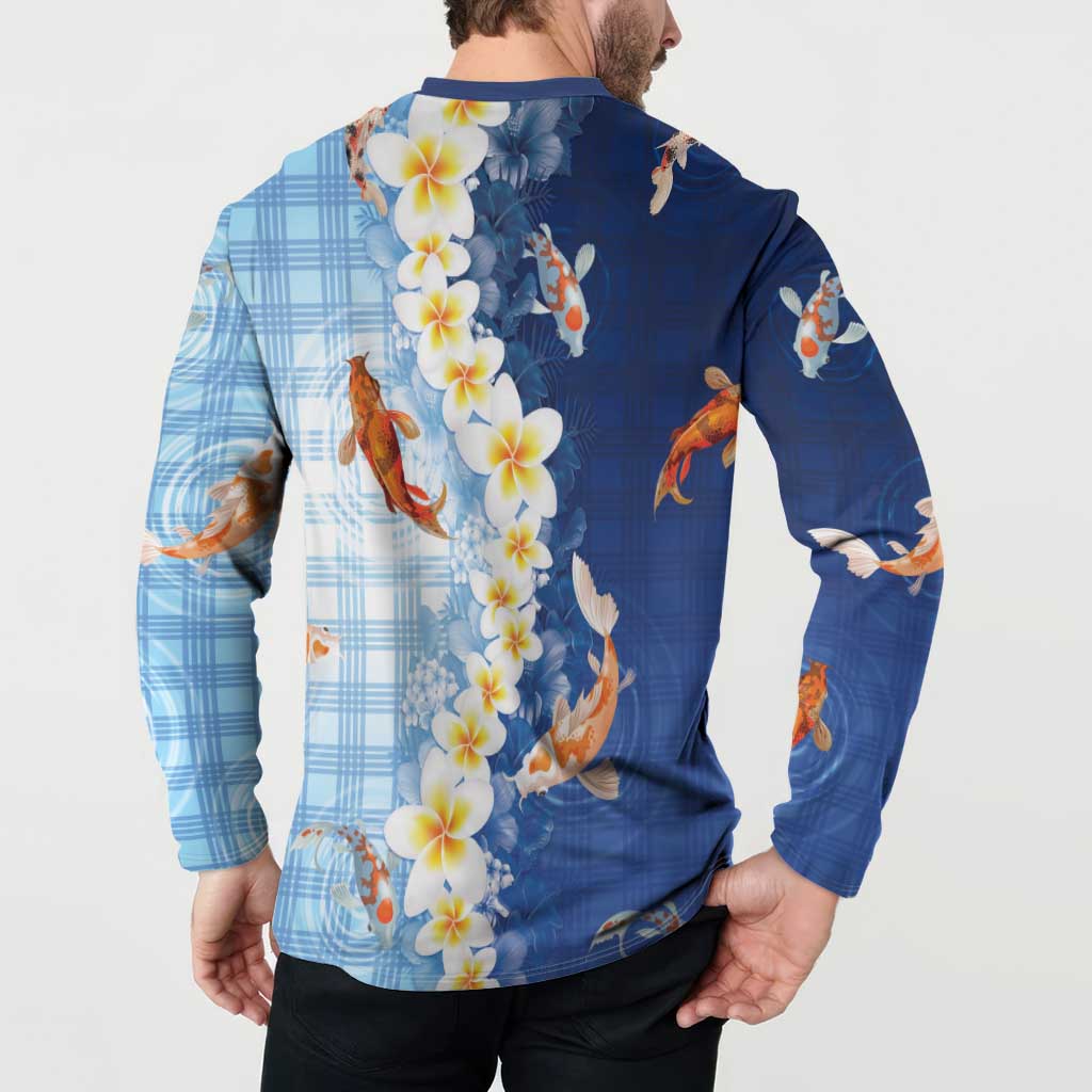 Hawaii And Japan Button Sweatshirt Plumeria Lei With Koi Fish Blue - Polynesian Pride