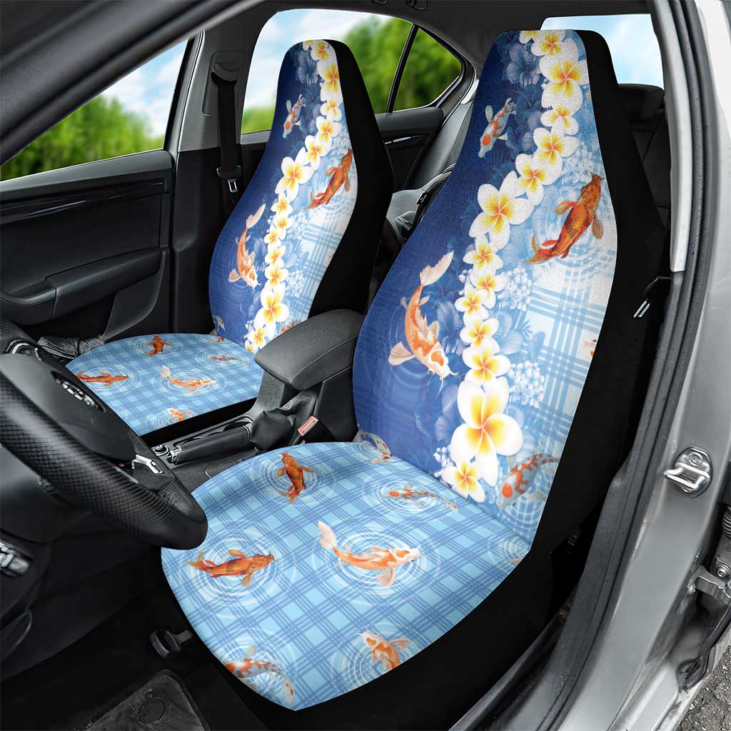 Hawaii And Japan Car Seat Cover Plumeria Lei With Koi Fish Blue - Polynesian Pride