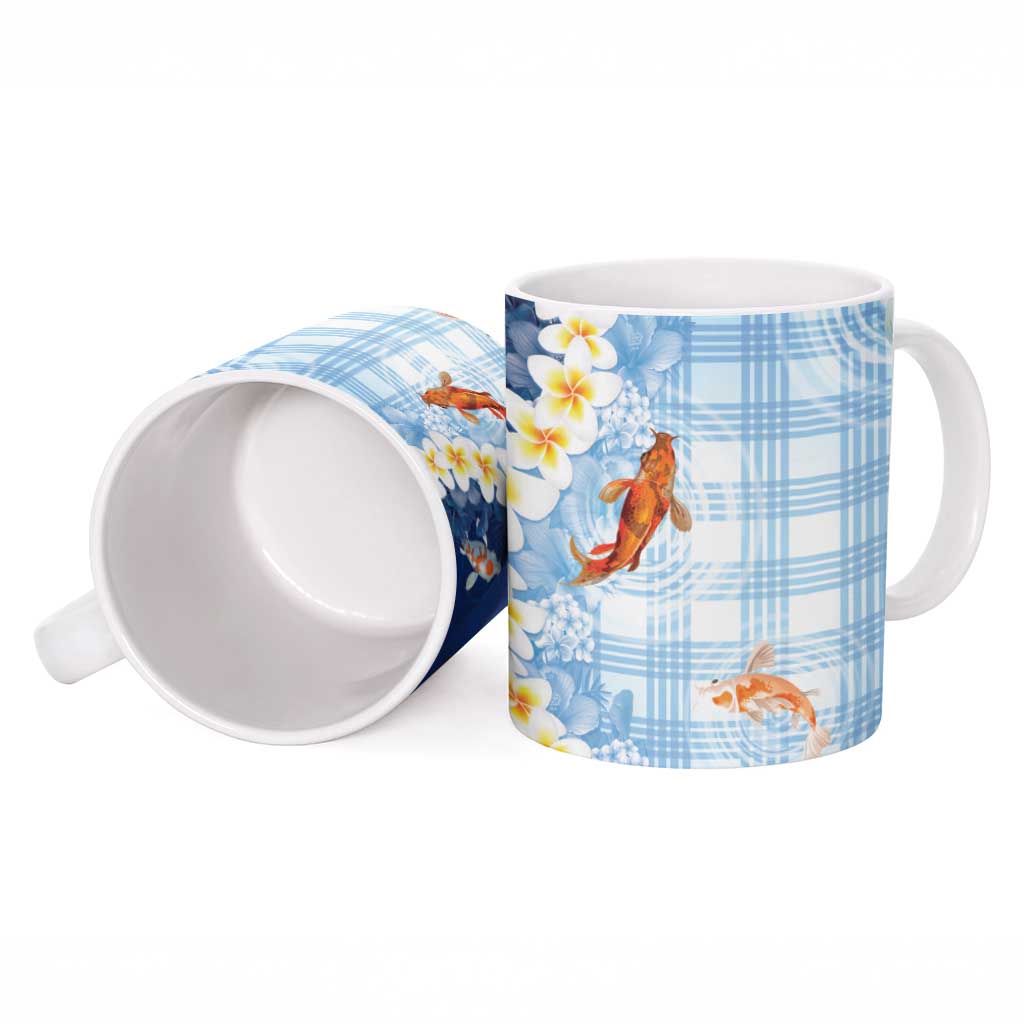 Hawaii And Japan Ceramic Mug Plumeria Lei With Koi Fish Blue - Polynesian Pride