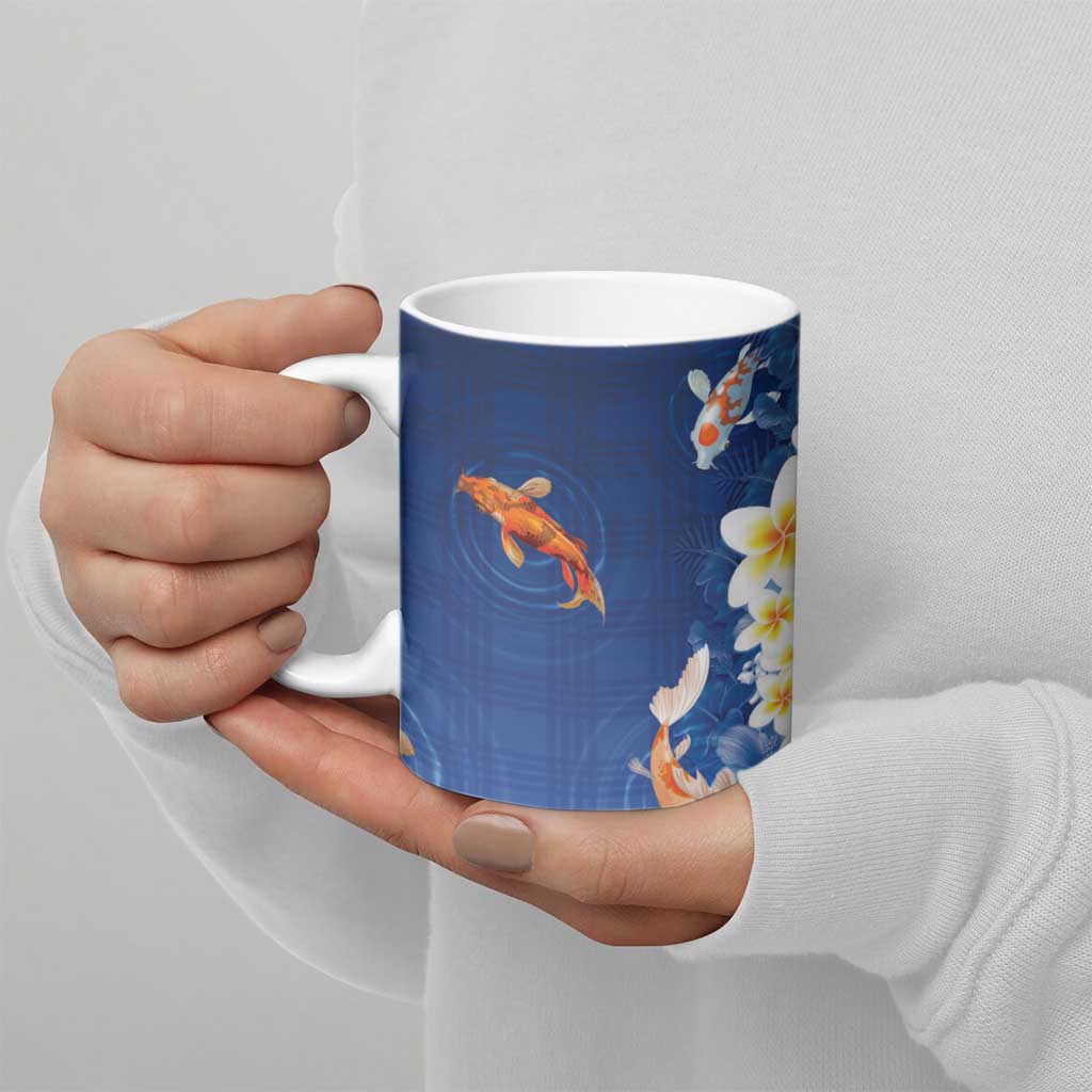 Hawaii And Japan Ceramic Mug Plumeria Lei With Koi Fish Blue - Polynesian Pride