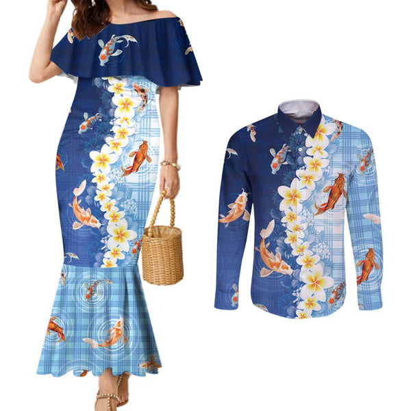 Guam Couples Matching Off The Shoulder Long Sleeve Dress and Long Sleeve Button Shirts Latte Stone Mix Bougainvillea Polynesian Pattern LT05