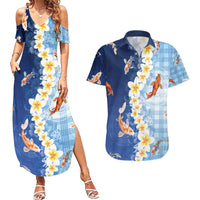 Hawaii And Japan Couples Matching Summer Maxi Dress and Hawaiian Shirt Plumeria Lei With Koi Fish Blue - Polynesian Pride