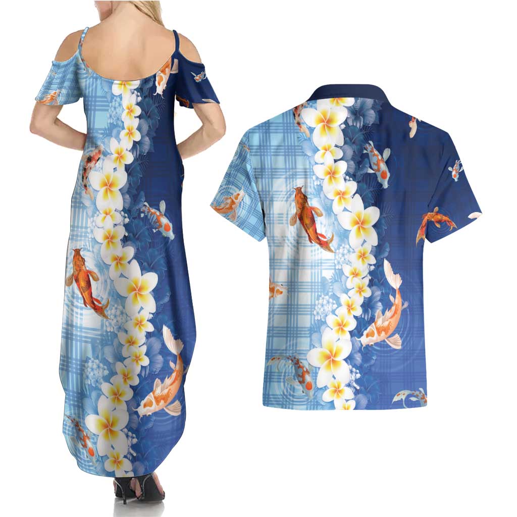 Hawaii And Japan Couples Matching Summer Maxi Dress and Hawaiian Shirt Plumeria Lei With Koi Fish Blue - Polynesian Pride