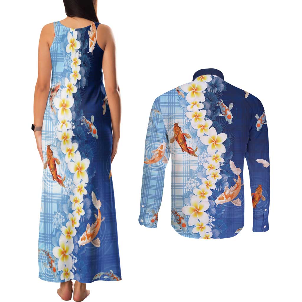 Hawaii And Japan Couples Matching Tank Maxi Dress and Long Sleeve Button Shirt Plumeria Lei With Koi Fish Blue - Polynesian Pride
