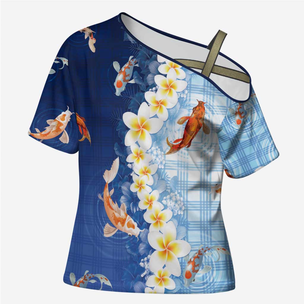 Hawaii And Japan Cross Shoulder Shirt Plumeria Lei With Koi Fish Blue - Polynesian Pride