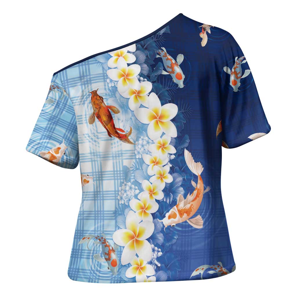 Hawaii And Japan Cross Shoulder Shirt Plumeria Lei With Koi Fish Blue - Polynesian Pride