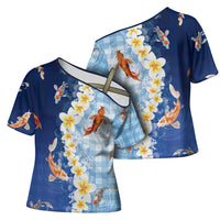 Hawaii And Japan Cross Shoulder Shirt Plumeria Lei With Koi Fish Blue - Polynesian Pride
