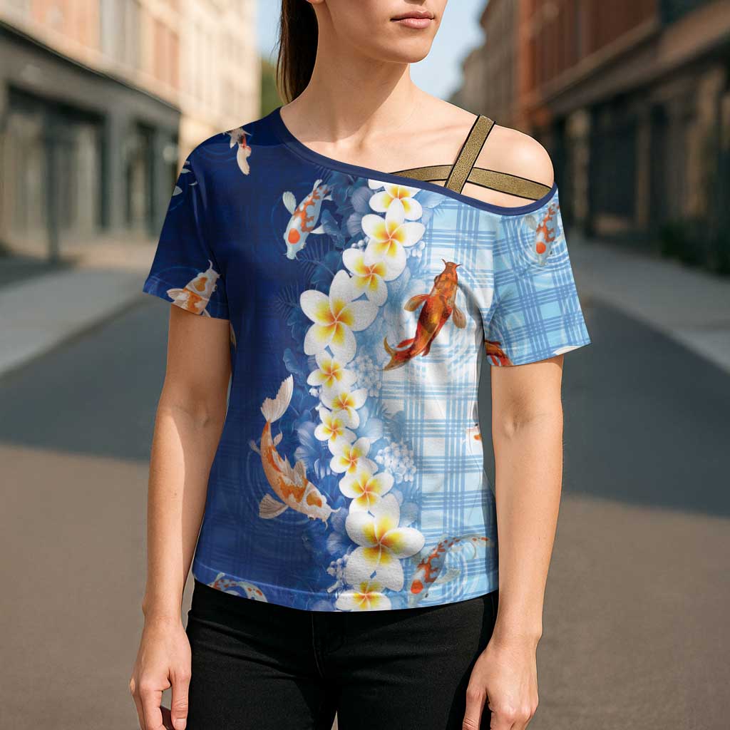 Hawaii And Japan Cross Shoulder Shirt Plumeria Lei With Koi Fish Blue - Polynesian Pride
