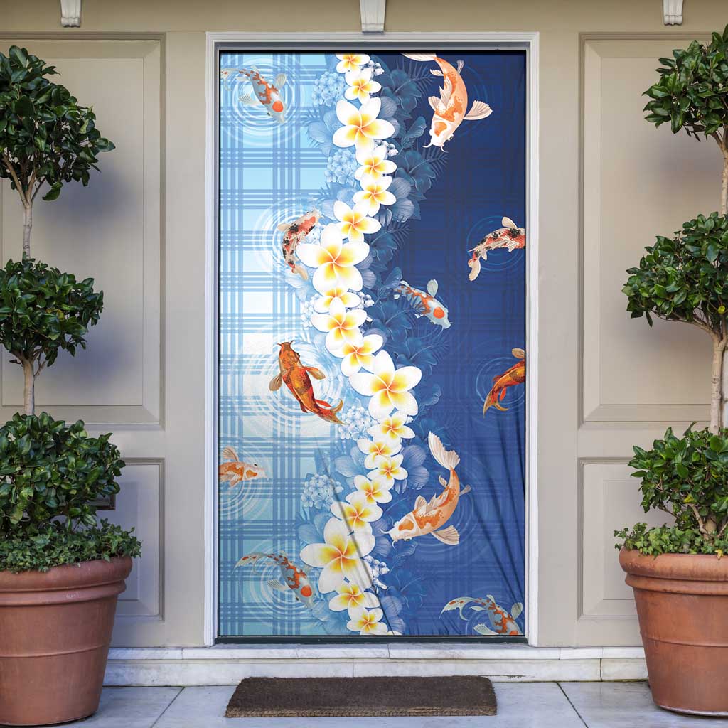 Hawaii And Japan Door Cover Plumeria Lei With Koi Fish Blue - Polynesian Pride