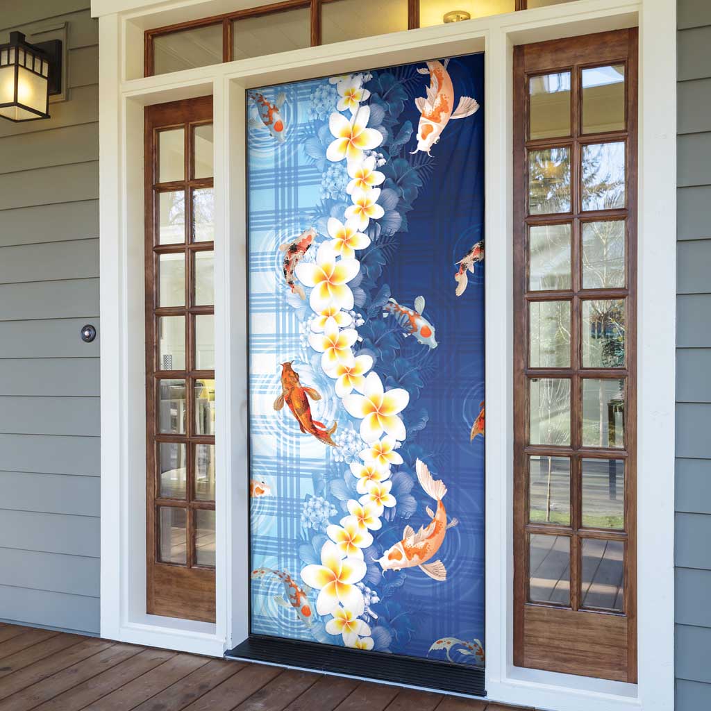 Hawaii And Japan Door Cover Plumeria Lei With Koi Fish Blue - Polynesian Pride