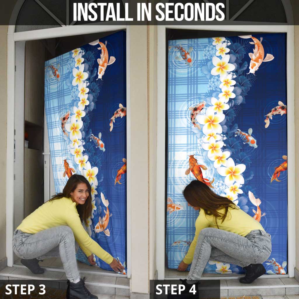 Hawaii And Japan Door Cover Plumeria Lei With Koi Fish Blue - Polynesian Pride