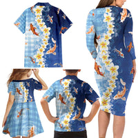 Hawaii And Japan Family Matching Long Sleeve Bodycon Dress and Hawaiian Shirt Plumeria Lei With Koi Fish Blue - Polynesian Pride