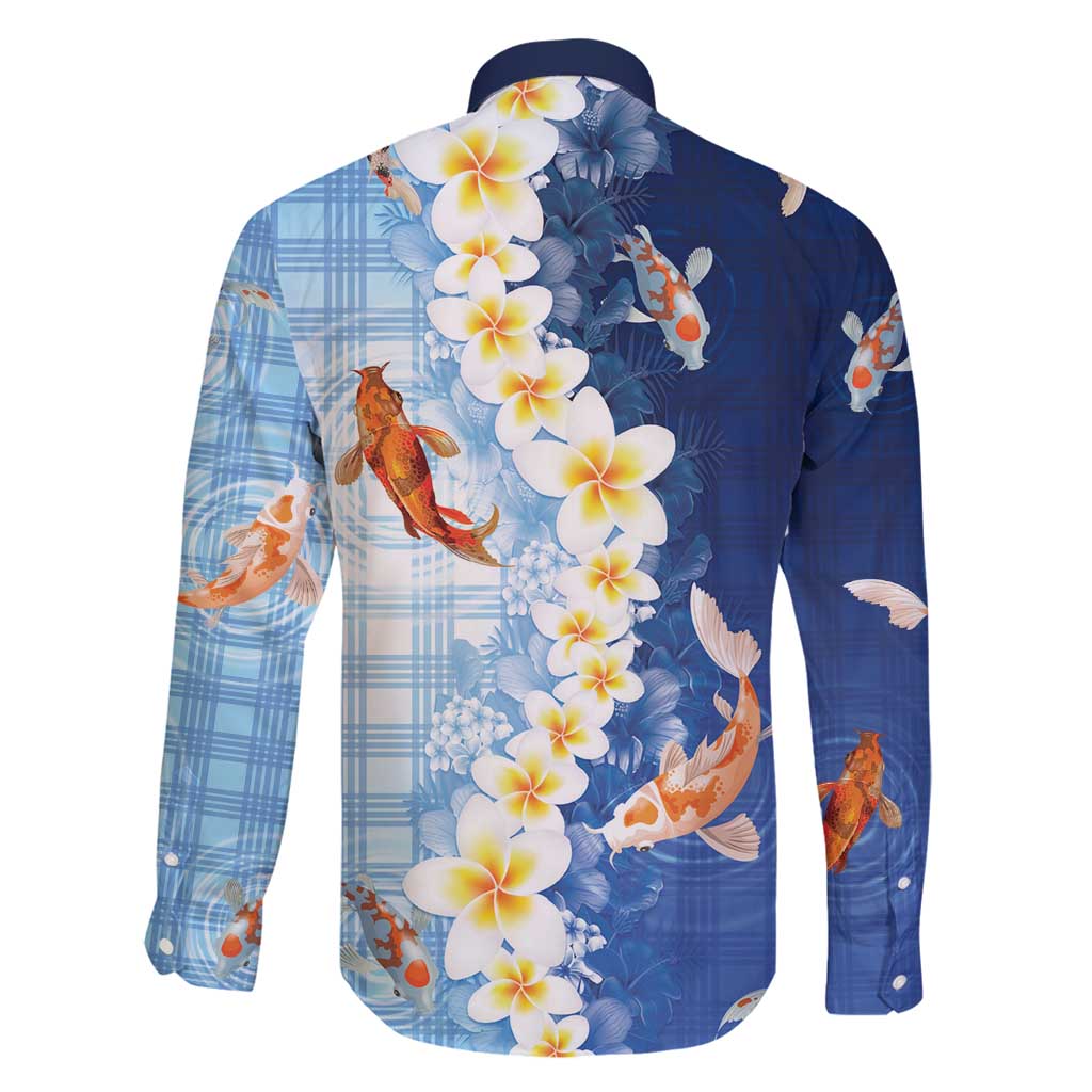 Hawaii And Japan Family Matching Long Sleeve Bodycon Dress and Hawaiian Shirt Plumeria Lei With Koi Fish Blue - Polynesian Pride
