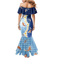 Hawaii And Japan Family Matching Mermaid Dress and Hawaiian Shirt Plumeria Lei With Koi Fish Blue - Polynesian Pride