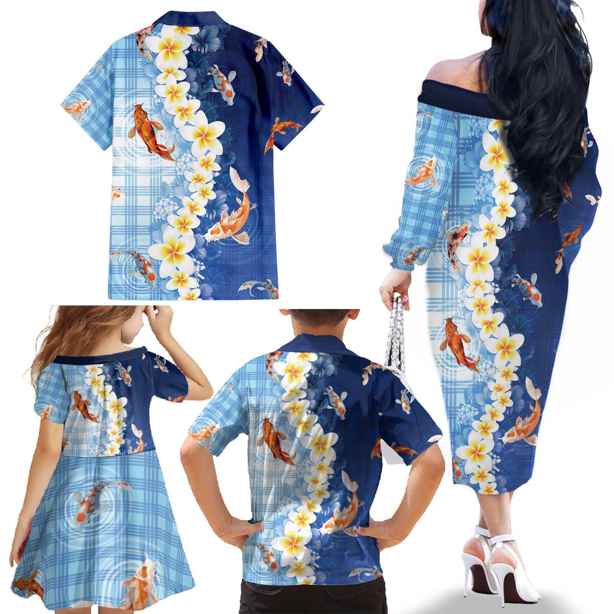Hawaii And Japan Family Matching Off The Shoulder Long Sleeve Dress and Hawaiian Shirt Plumeria Lei With Koi Fish Blue - Polynesian Pride