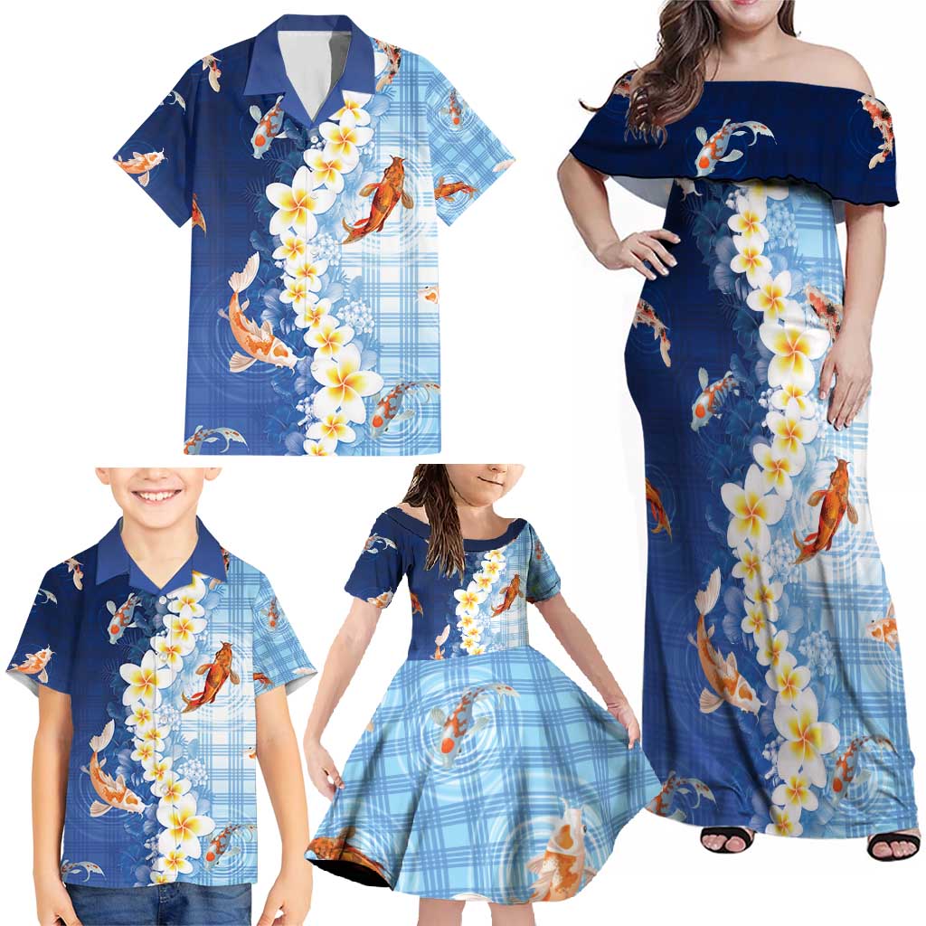 Hawaii And Japan Family Matching Off Shoulder Maxi Dress and Hawaiian Shirt Plumeria Lei With Koi Fish Blue - Polynesian Pride