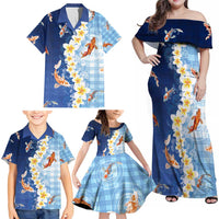 Hawaii And Japan Family Matching Off Shoulder Maxi Dress and Hawaiian Shirt Plumeria Lei With Koi Fish Blue - Polynesian Pride