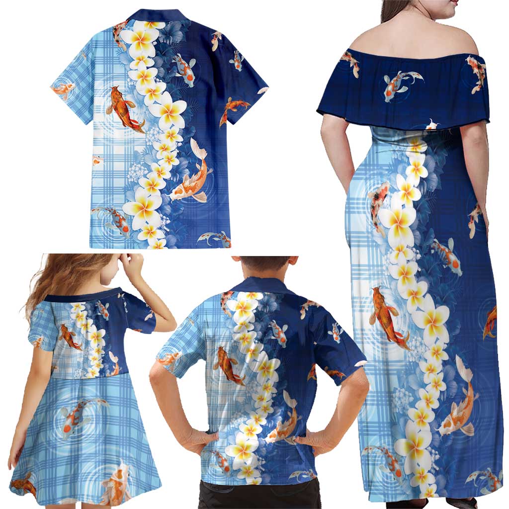 Hawaii And Japan Family Matching Off Shoulder Maxi Dress and Hawaiian Shirt Plumeria Lei With Koi Fish Blue - Polynesian Pride