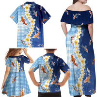 Hawaii And Japan Family Matching Off Shoulder Maxi Dress and Hawaiian Shirt Plumeria Lei With Koi Fish Blue - Polynesian Pride