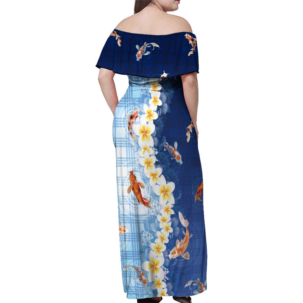 Hawaii And Japan Family Matching Off Shoulder Maxi Dress and Hawaiian Shirt Plumeria Lei With Koi Fish Blue - Polynesian Pride