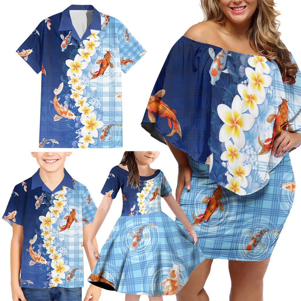 Hawaii And Japan Family Matching Off Shoulder Short Dress and Hawaiian Shirt Plumeria Lei With Koi Fish Blue - Polynesian Pride