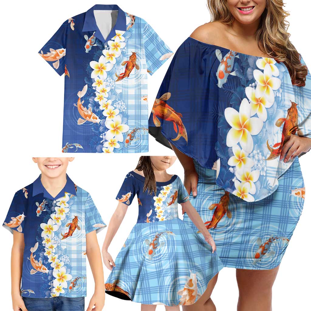 Hawaii And Japan Family Matching Off Shoulder Short Dress and Hawaiian Shirt Plumeria Lei With Koi Fish Blue LT05 - Polynesian Pride